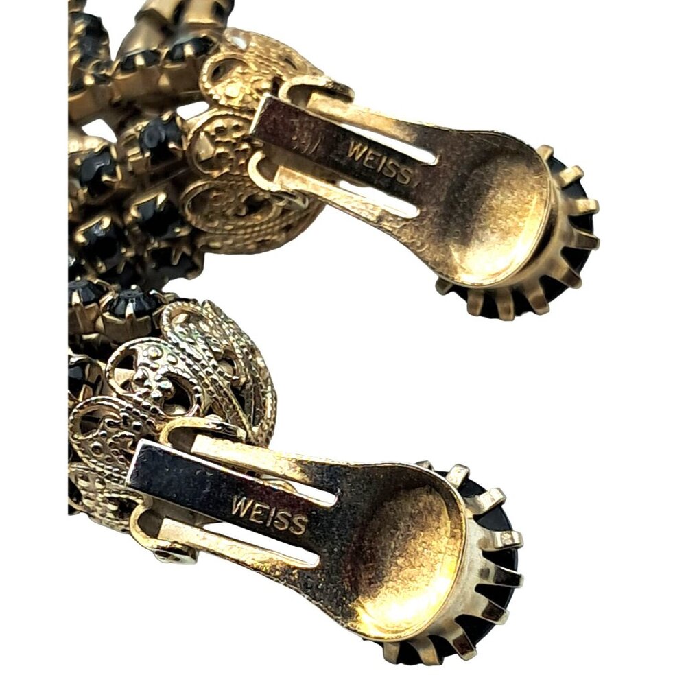 Vintage Weiss Necklace Earrings Set Black Rhinestones Tassel Long Dangling Chain - Picture 7 of 9